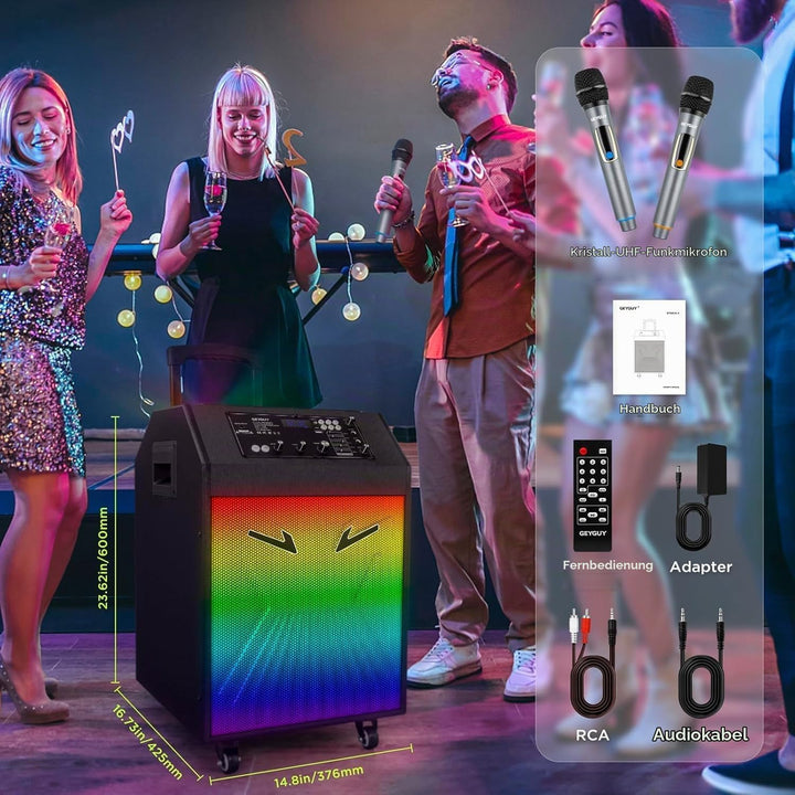Karaoke Maschine Ankuka Karaoke Anlage mit 2 drahtlosen Mikrofonen Bluetooth PA Anlage mit Rädern un