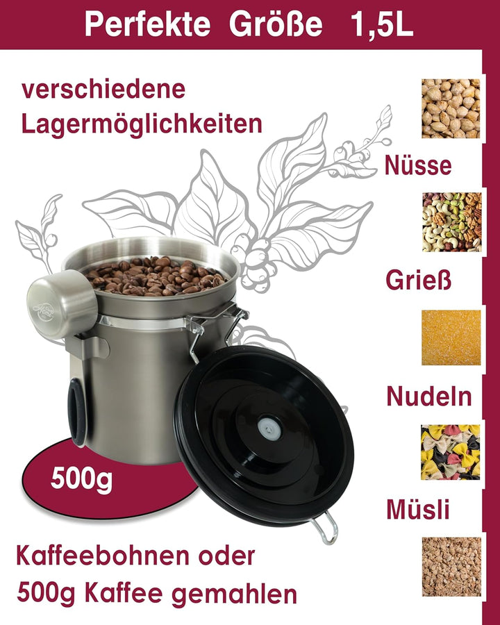 Kaffeedose luftdicht 500g - Gun Metal - Kaffeebohnen Vorratsbehälter 1,5L aus Edelstahl mit Kalender