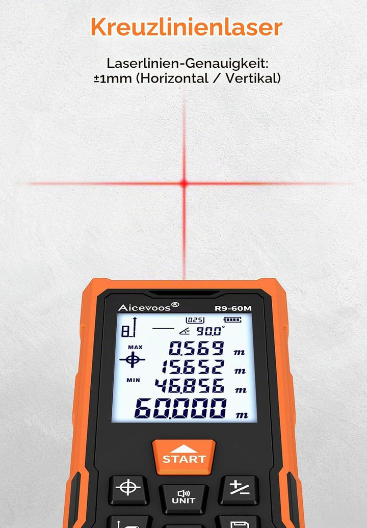 Aicevoos R9 Laser Entfernungsmesser Hohe Genauigkeit, 60 m, Laser-Massband, Compaktes Laser-Messgerä