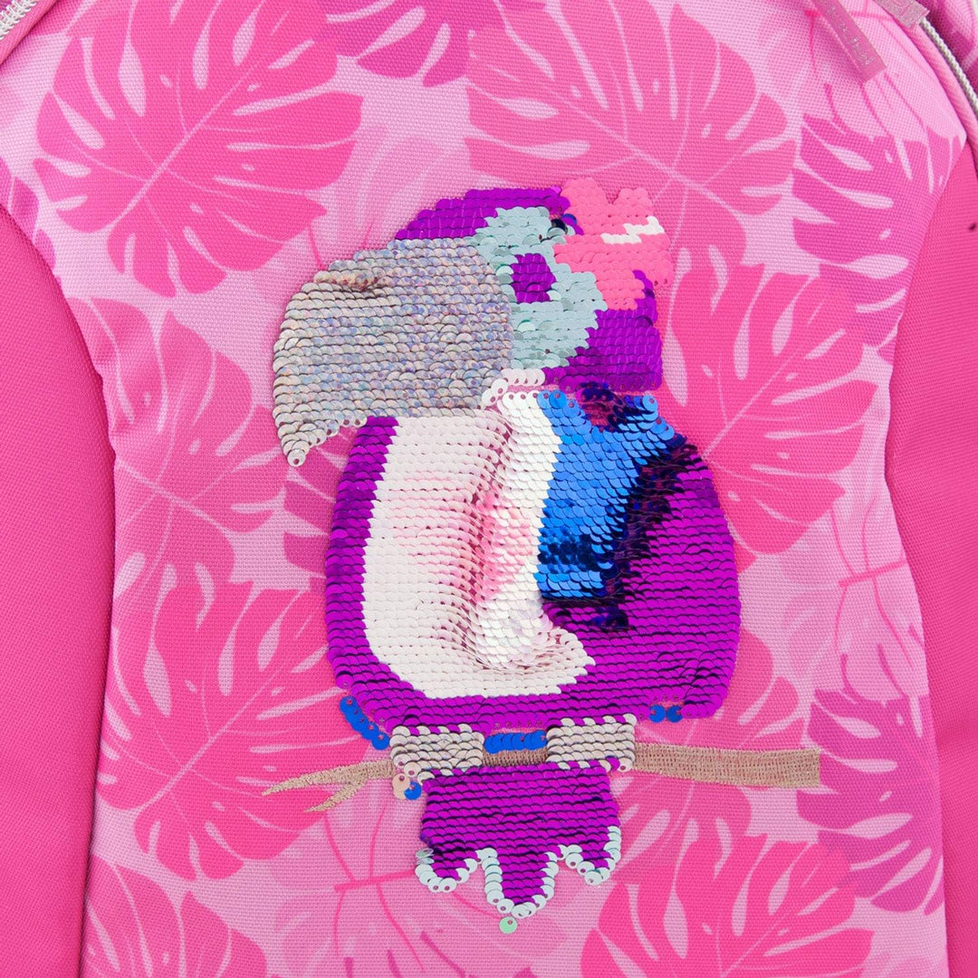 Depesche 10448 Schulrucksack TOPModel mit Tucan aus Streichpailletten, pink, ca. 23 x 34 x 44 cm, bu