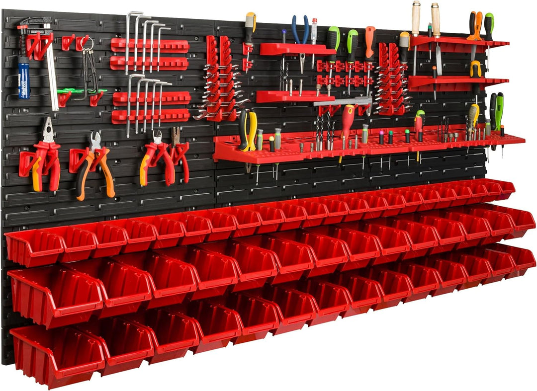Lagersystem Werkstattregal | 172 x 78 cm | 50 stck. Box | Wandregal mit Werkzeughalterungen und Stap