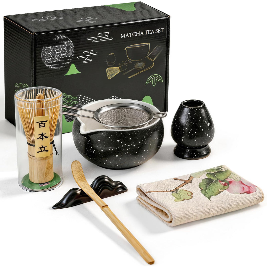 Matcha Set 7-teilig | Premium Tee-Zeremonie Set mit Matcha-Schale, Bambus-Chasen, Halter, Löffel, Si