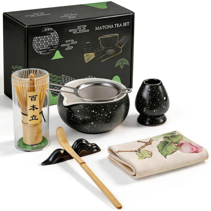Matcha Set 7-teilig | Premium Tee-Zeremonie Set mit Matcha-Schale, Bambus-Chasen, Halter, Löffel, Si