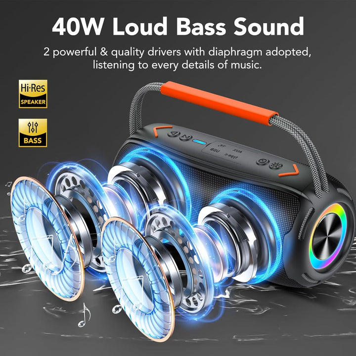 Tragbarer Bluetooth Lautsprecher mit Griff, 40W Leistungsstarker Musikbox mit Dualen Bass-Treibern,
