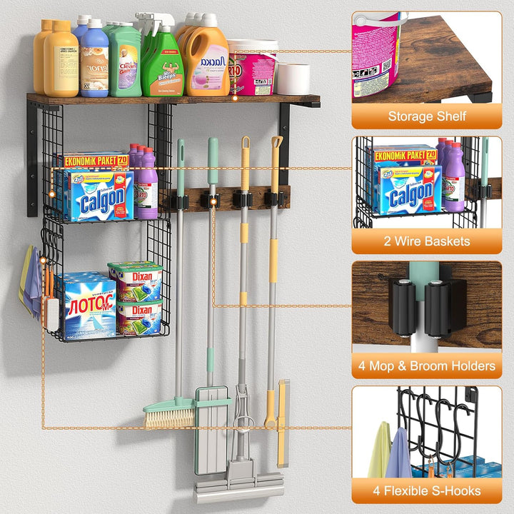 Housolution Besenhalterung Wand mit Putzmittel Regal, 45 KG Hohe Tragfähigkeit Besenhalter Mopphalte