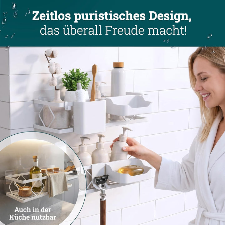 husman® Duschablage-Set ohne Bohren | Weiss | 10-teilig mit Ablaufrillen | Kleben statt Bohren | Dus