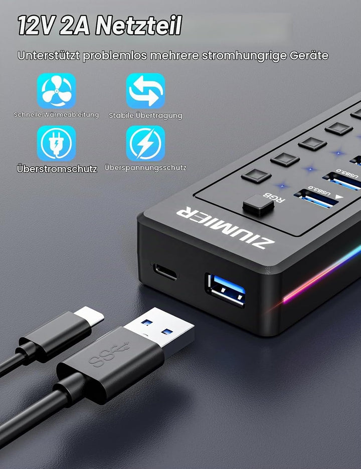 Powered USB Hub, 10-Port USB 3.0 Hub mit RGB LED Strip -5Gbps Datenübertragung, individuelle LED On/