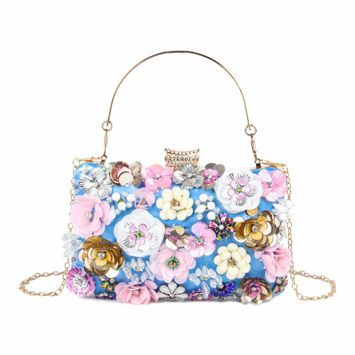 Fecialy Blumen-Clutch-Abendtaschen für Damen mit bunten Blumen-Metall-Strasssteinen Abend-Clutch-Gel