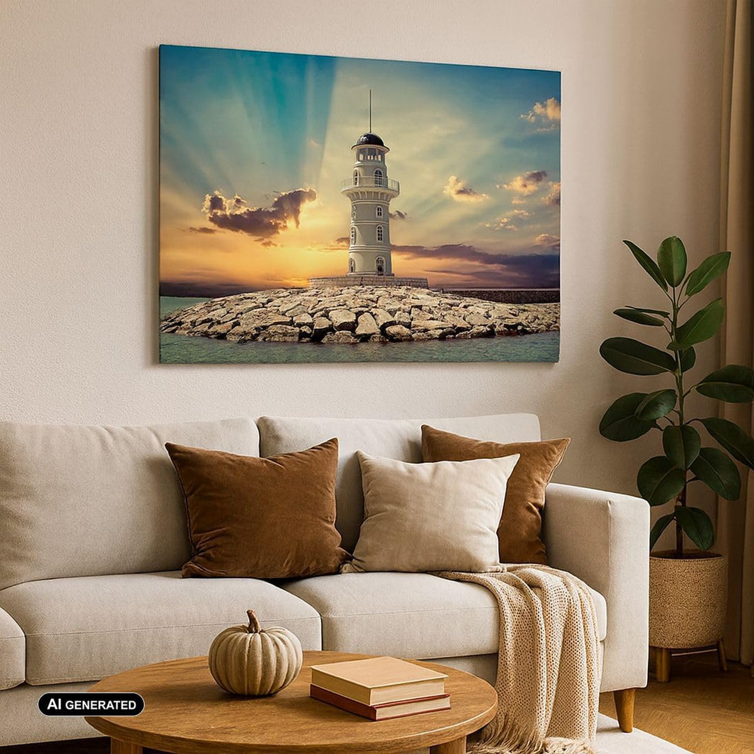 Bilder auf Leinwand 100x70cm Leinwandbild Leuchtturm Wasser Meer Steine Gross Wanddeko Bild Schlafzi