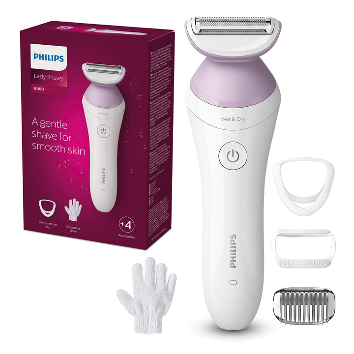 Philips Lady Shaver Series 6000 – Kabelloser Nass- und Trockenrasierer mit 4 Zubehörteilen, Körperpe