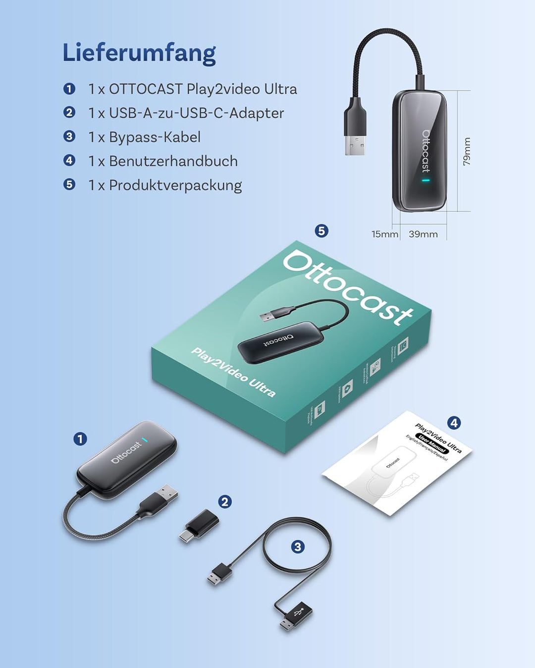 2026 Neu OTTOCAST Play2video Ultra, Kabelloser CarPlay & Android Auto Adapter mit YouTube Netflix, P