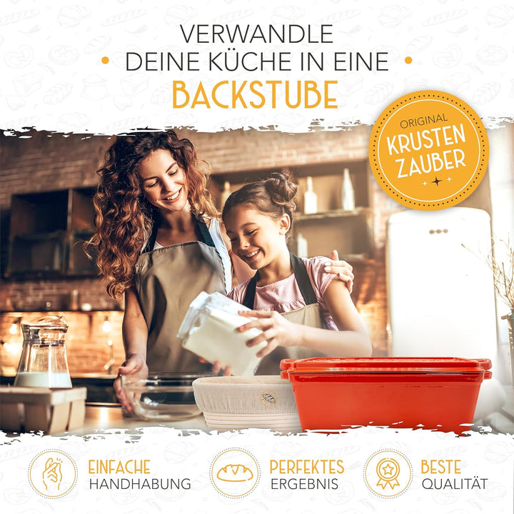 KRUSTENZAUBER Emaille Brotbackfrom mit Deckel inkl. Gärkorb - Robuste 28cm Backform aus Gusseisen -