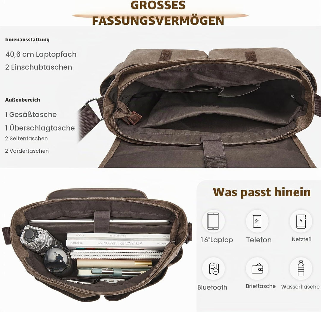 S-ZONE Herren Umhängetasche Grosse Vintage Canvas Messenger Bag Aktenktasche Schultertasche Bürotasc