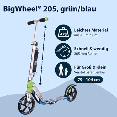 HUDORA BigWheel 205 Scooter - Stabiler Aluminium-Roller - Höhenjustierbarer & zusammenklappbarer Cit