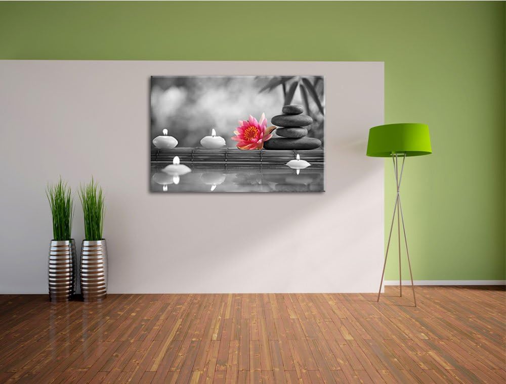 Seerose neben Zen Steinen und Kerzen schwarz/weiss Format: 100x70 auf Leinwand, XXL riesige Bilder f