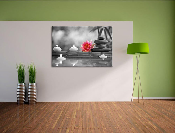 Seerose neben Zen Steinen und Kerzen schwarz/weiss Format: 100x70 auf Leinwand, XXL riesige Bilder f
