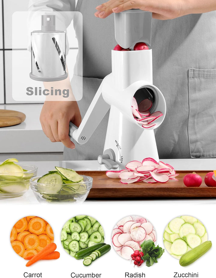 GDL Käsereibe mit Kurbel, Gemüsehobel mit 3 austauschbaren Trommelklingen, Reibe Küche Schnelles Sch