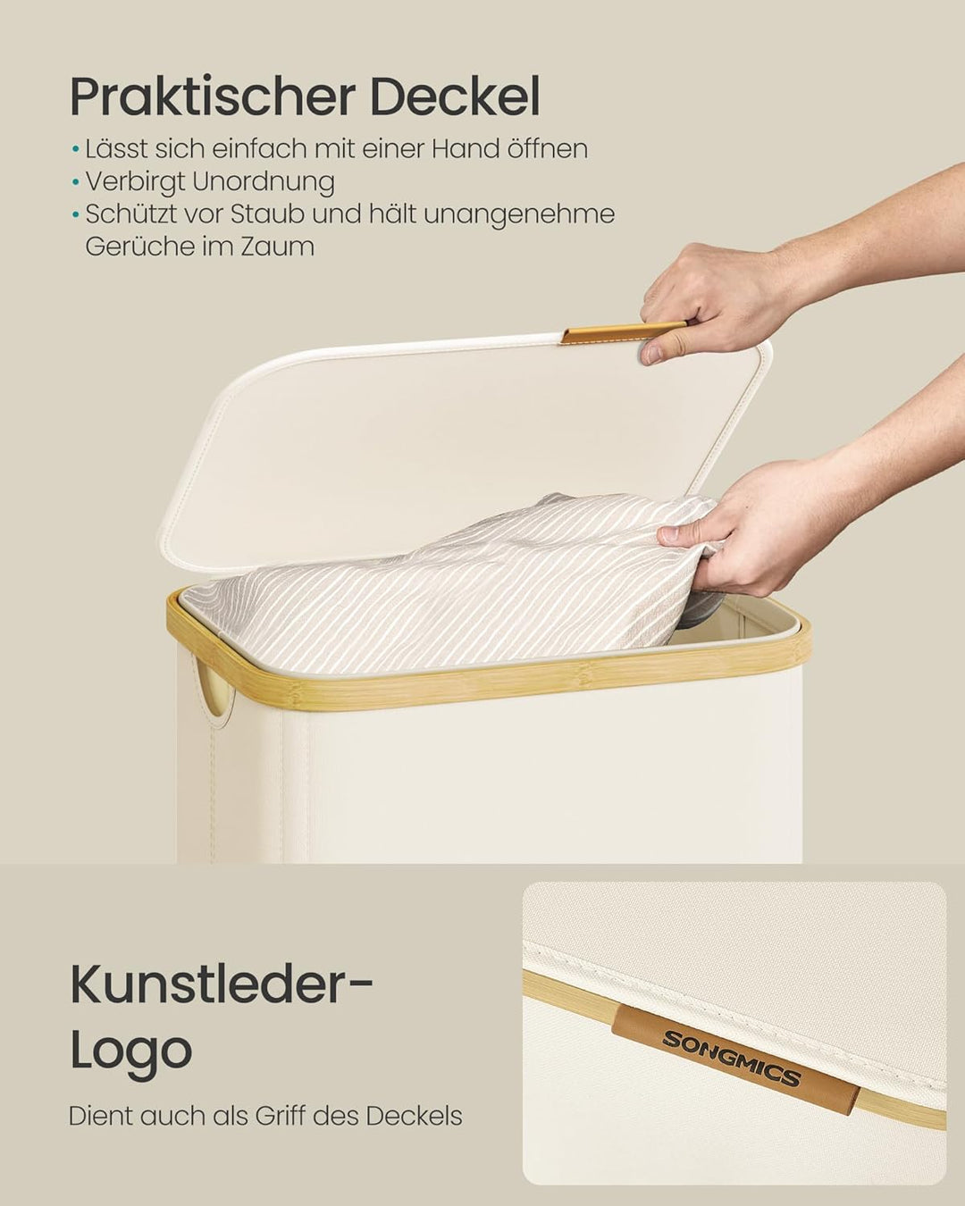 SONGMICS Wäschekorb mit Deckel, Wäschesammler, Wäschetruhe, Wäschetonne, Wäschesack herausnehmbar, B