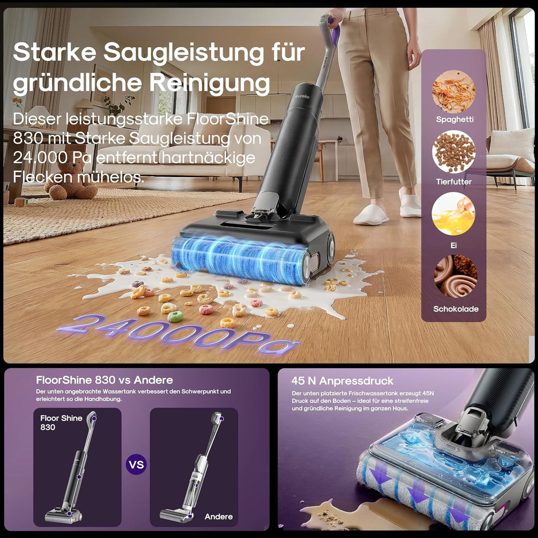 Eureka FloorShine 830 Nass Trockensauger Akku für Hartböden, 24.000 Pa Saugwischer 180° Flachliege,