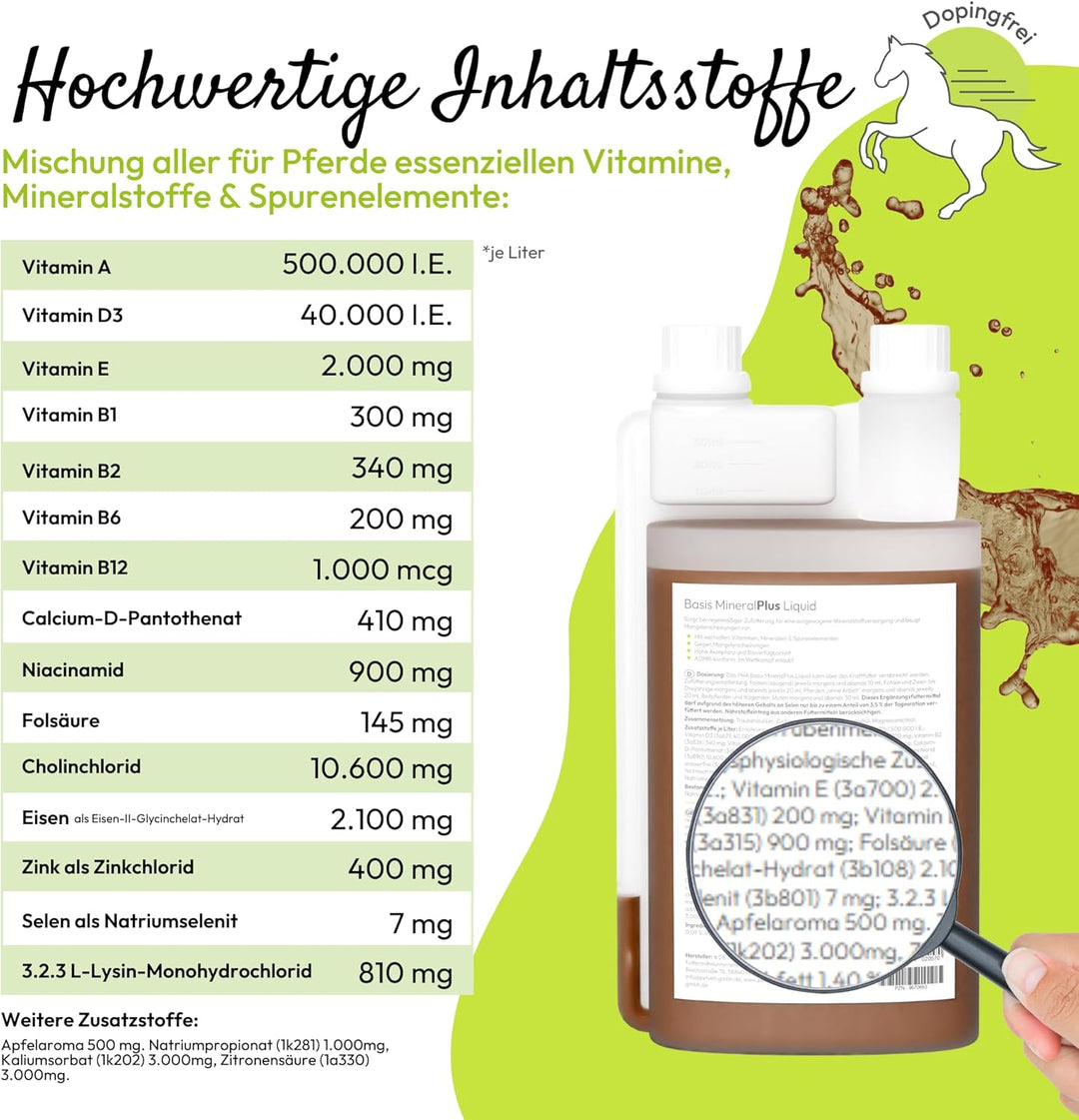PHA Basis MineralPlus Liquid für Pferde - Multi Vitamine und Mineralstoffe für den täglichen Nährsto