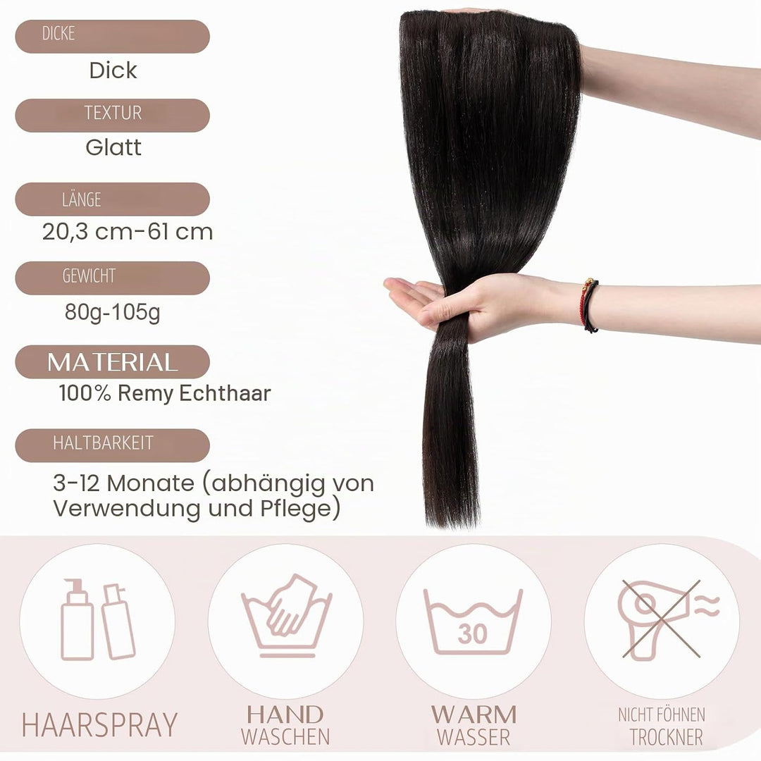 SEGO Haarteil Clip in Extensions Echthaar DICKER Haarverlängerung 1 Tresse 5 Clips Human Hair Glatt