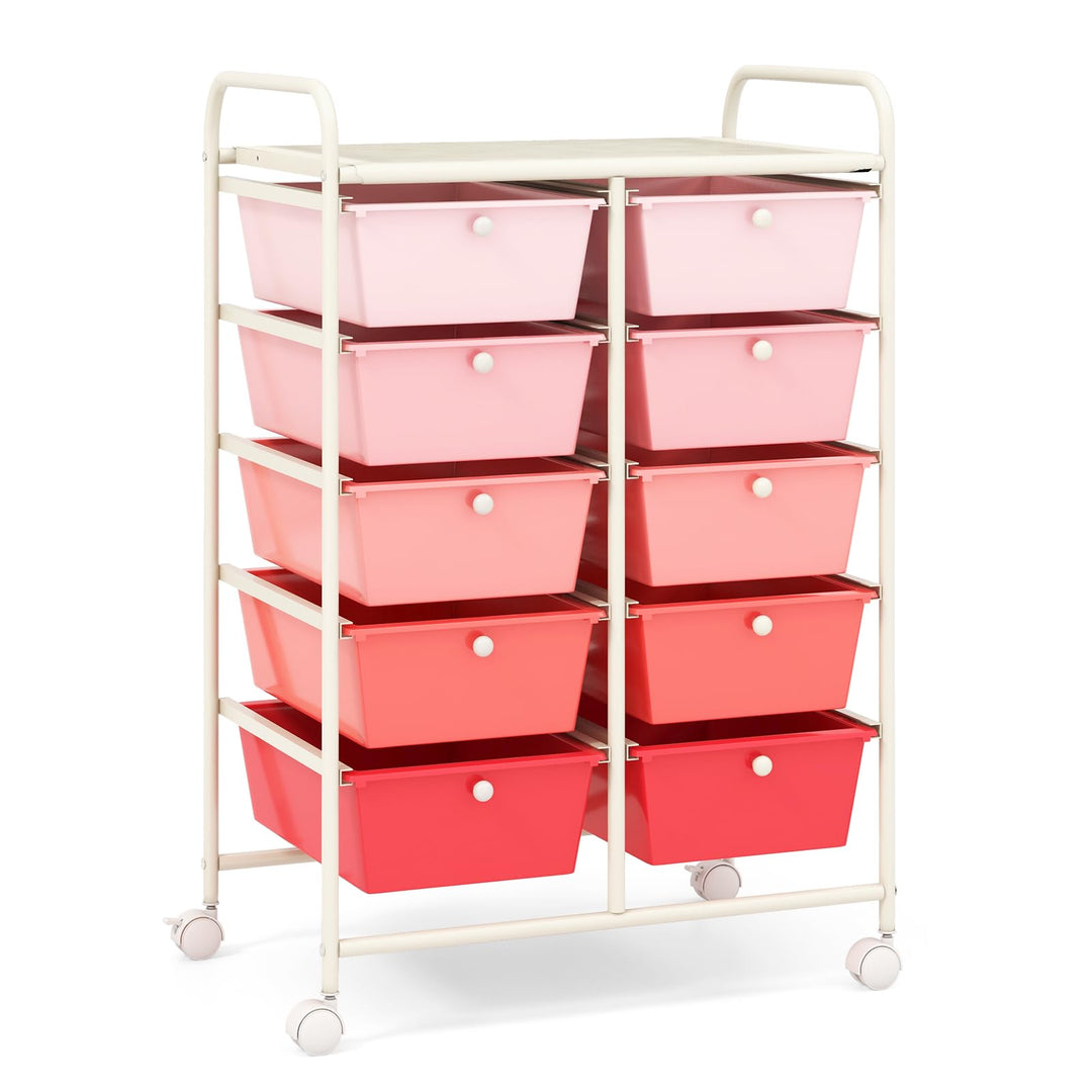 COSTWAY Rollwagen mit 10 stapelbaren Schubladen, Schubladenwagen Rollcontainer mit Metallgestell und