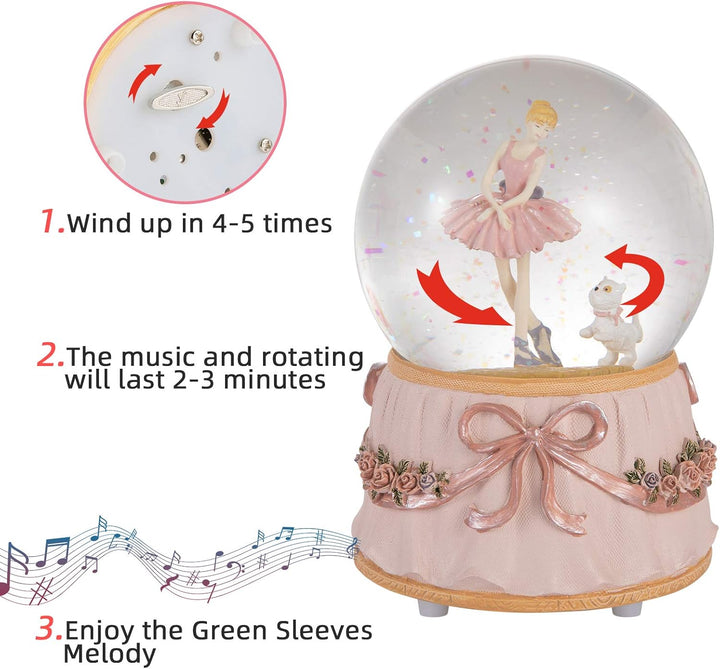 Dreamwizor Ballerina Schneekugel spielt Greensleeves Musik Ballett tanzendes Mädchen mit Welpen roti