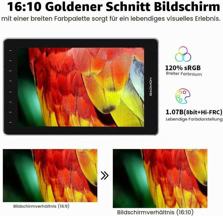 GAOMON PD1610 Grafiktablett mit 2.5K QHD 120% sRGB Full Lamination Screen, 8192 Levels Upgraded Batt