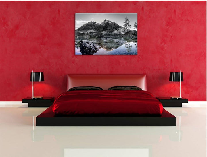 Pixxprint Sonnenaufgang am Hintersee / 100x70cm Leinwandbild bespannt auf Holzrahmen/Wandbild Kunstd