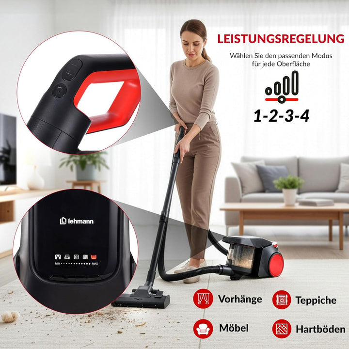 LEHMANN Staubsauger beutellos mit Handgriff-Steuerung, Leistungsstarke Zyklontechnologie, 2-Fach Fil