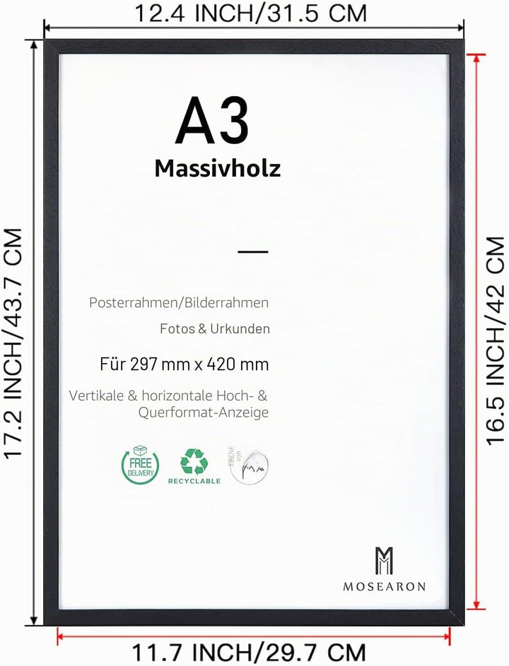A3-Zertifikat-Bilderrahmen, 2er-Pack schwarzer Holz-Bilderrahmen mit Plexi-glass für Wandmontage-Dis