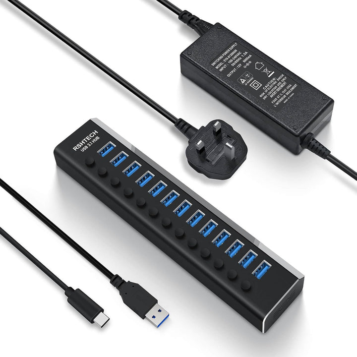 RSHTECH USB Hub 3.2 Aktiv mit Netzteil (72W 12V/6A), 2-in-1 Datenkabel (Typ-C&Typ A) und 13*10Gbps U