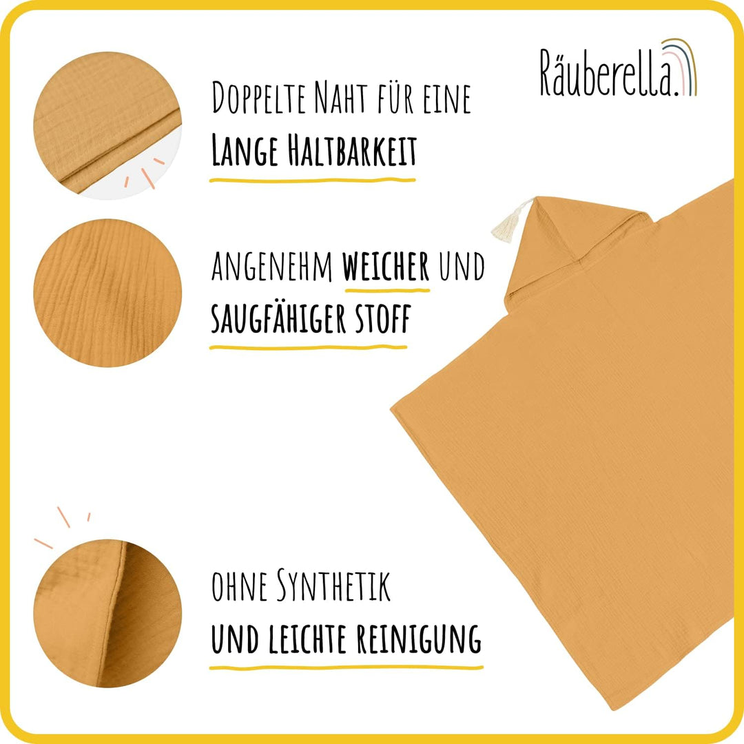 Räuberella® Kapuzenhandtuch-Baby in Senf-Gelb I 75x100cm I Musselin-Badetuch-Baby aus 100% Bio-Baumw
