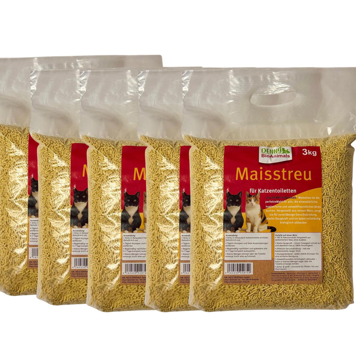 Maisstreu 15 kg (5 Säche je 3 kg), 40 L Mais-Katzenstreu – 100% natürlich &amp; biologisch abbaubar – kl
