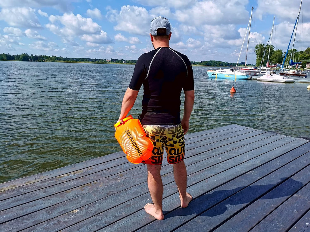 SAFE4SPORT PerfectSwimmer+ - Aufblasbare Schwimmboje - Sicherheitsboje mit Einer Tasche für Dinge