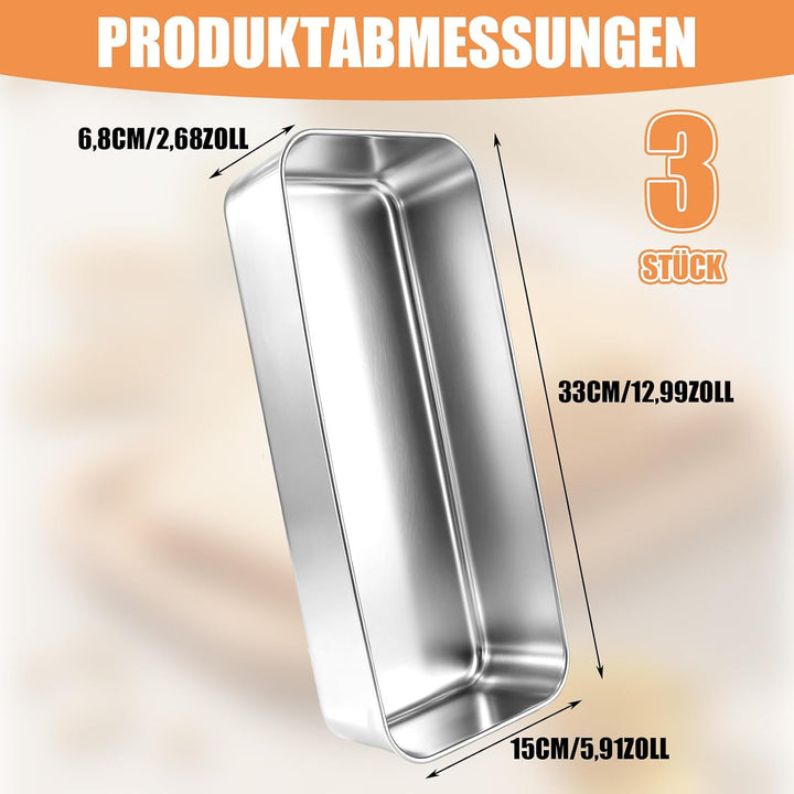 3 Stück Edelstahl Brotbackform, 33x15x6cm Brotbackform Kasten, Backform Rechteckig, Backformen, Kast