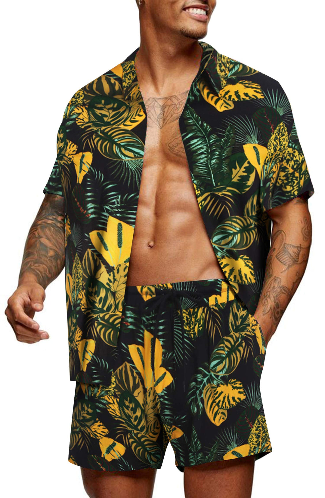 COOFANDY Herren Hemd Kurzarm Sommerhemd Floral Hawaiihemd Flamingo Party Hemden und Shorts Set Stran