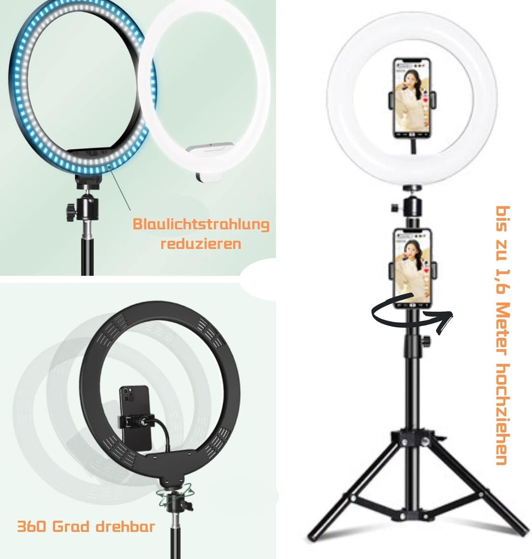 D94DS 10" Ringlicht mit Stativ und Handyhalter, Dimmbares LED Licht mit 3 Farbmodi und 10 Helligkeit