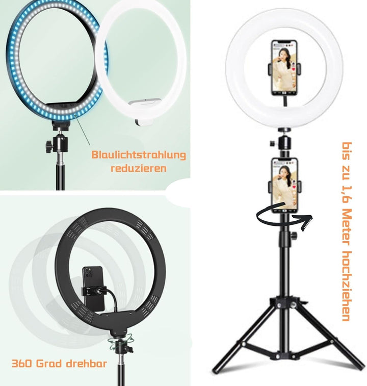 D94DS 10" Ringlicht mit Stativ und Handyhalter, Dimmbares LED Licht mit 3 Farbmodi und 10 Helligkeit