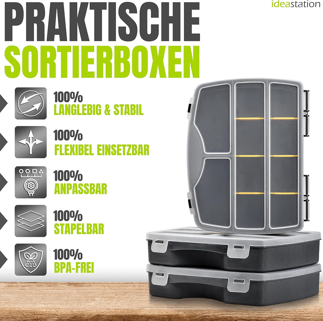 Sortierkasten 3 Stück / 19 x 15 cm - anthrazit - Organizer Box mit transparentem Deckel - Sortierbox