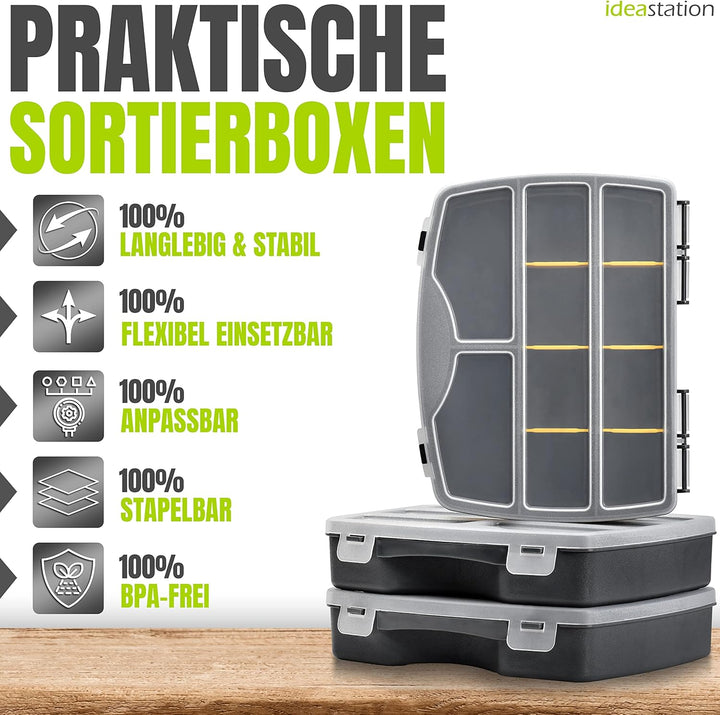 Sortierkasten 3 Stück / 19 x 15 cm - anthrazit - Organizer Box mit transparentem Deckel - Sortierbox
