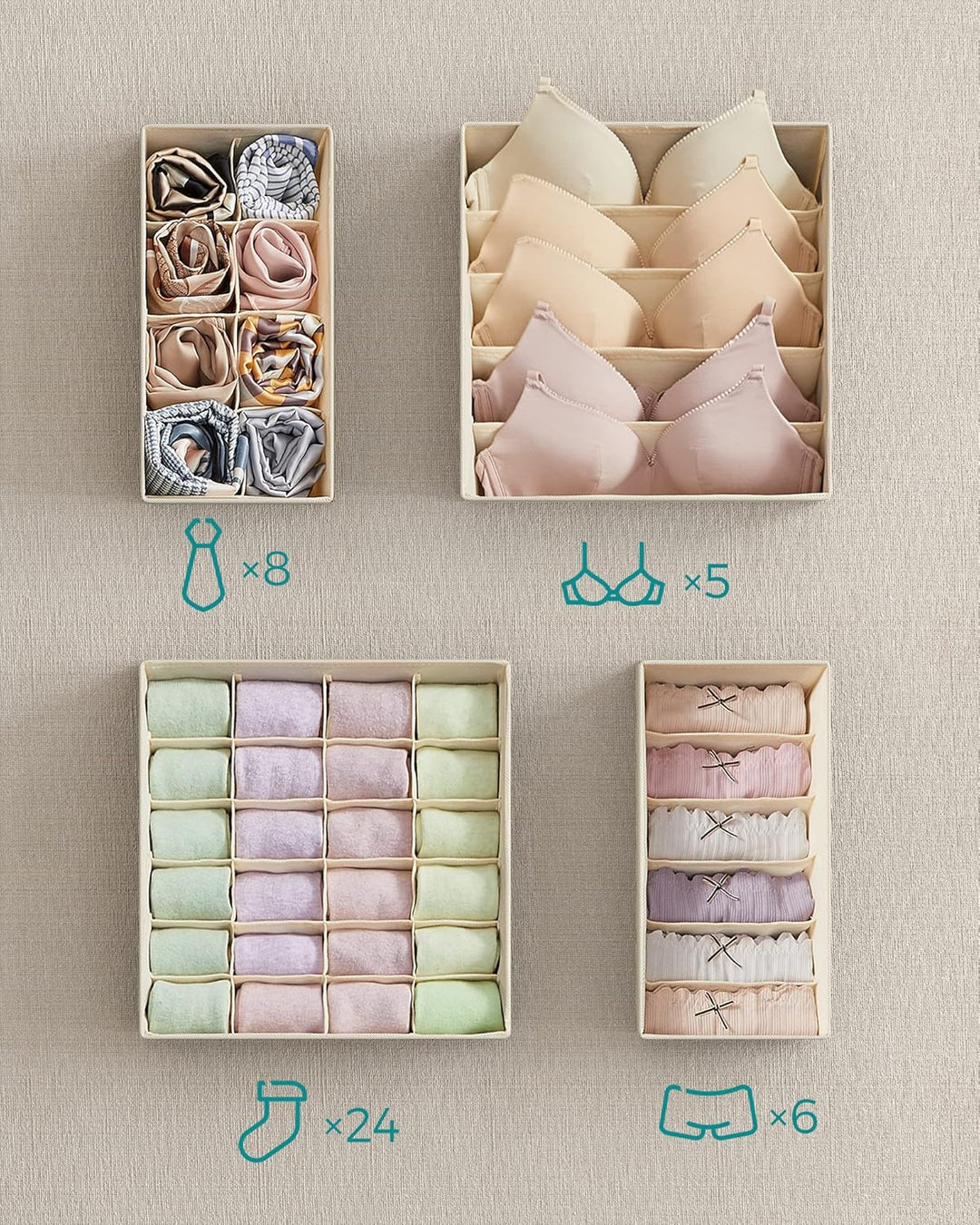 SONGMICS Unterwäsche-Organizer 4er Set, Schubladen-Organizer, faltbar, Ordnungssystem Kleiderschrank