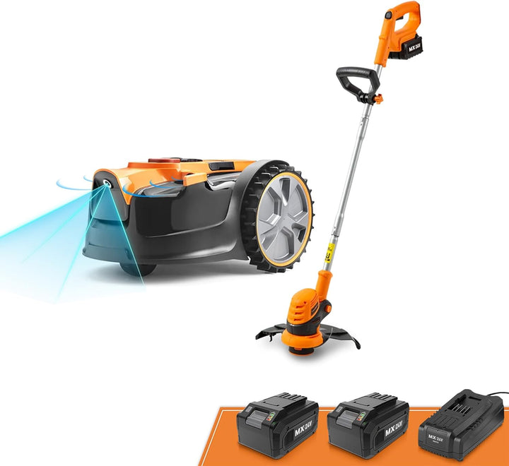 LawnMaster OcuMow™ Roboter-Rasenmäher mit kabellosem 24V MAX 10-Zoll-Gras-Trimmer-Kombi-Set, optisch