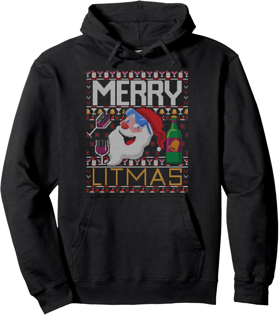 Merry Litmas Lit Santa Claus Wein Ugly Christmas Sweater Pullover Hoodie