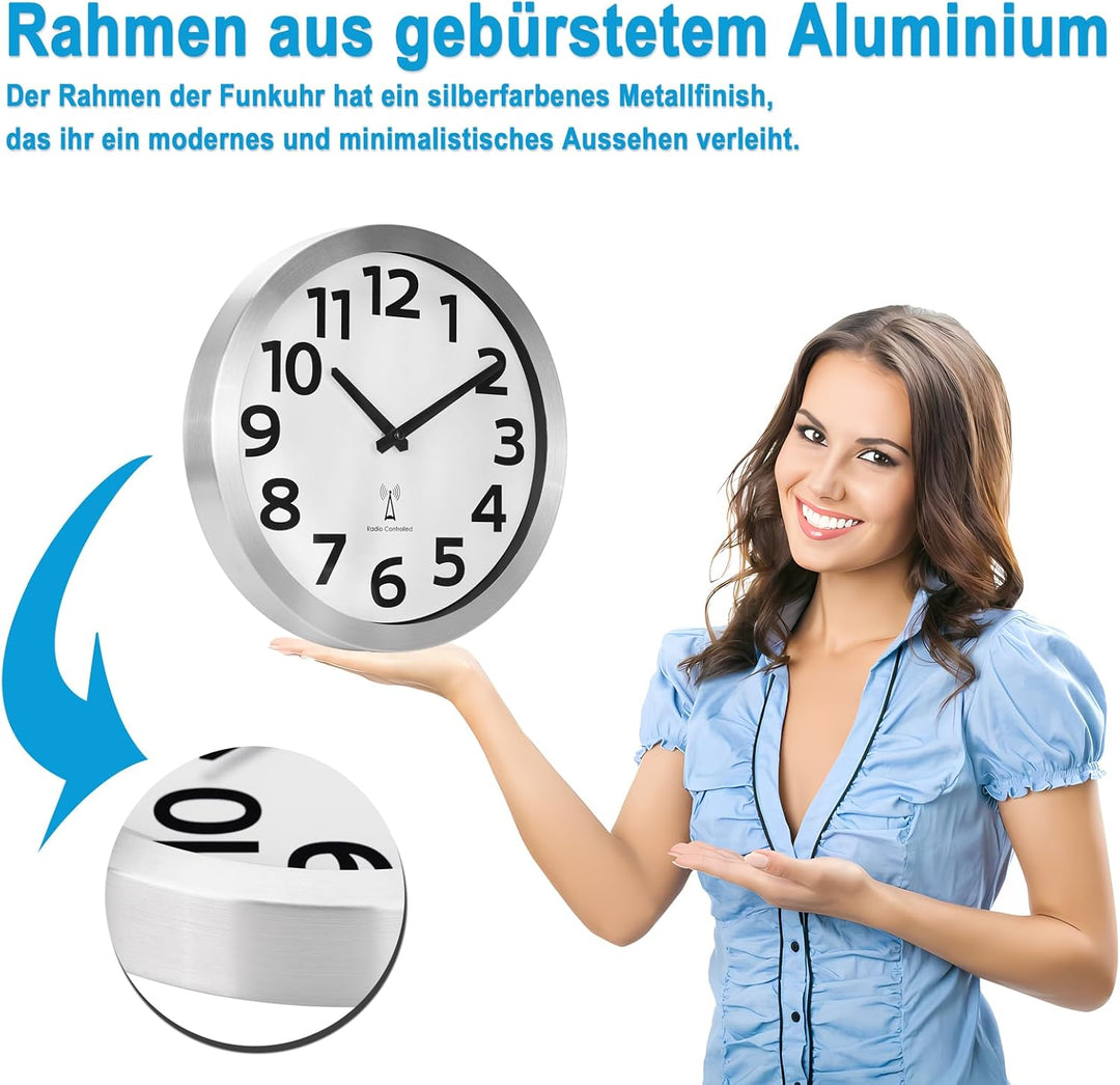Wanduhr Funk mit Aluminium Rahmen Grosse Zahlen,Funkuhr Wand Lautlos Geräuschlos für Küche Wohnzimme