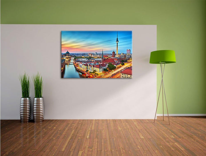 Berlin City Panorama, Format: 100x70 auf Leinwand, XXL riesige Bilder fertig gerahmt mit Keilrahmen,