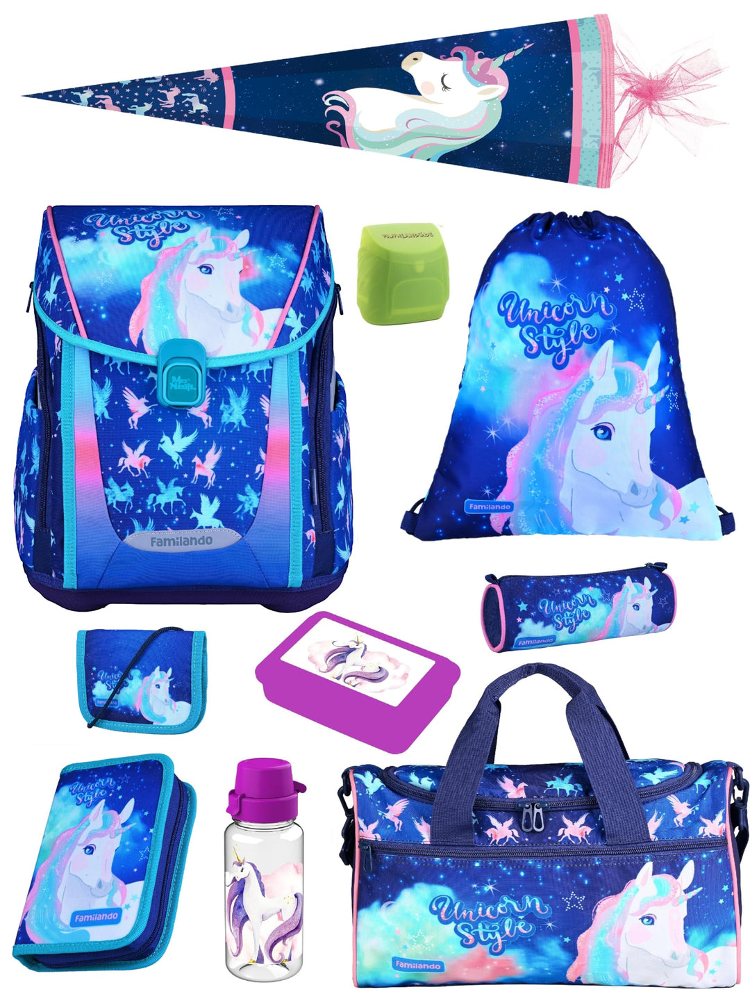 Familando - Premium Schulranzen Set - 10-teilig mit Schultüte - Unicorn (Einhorn) - Ergonomisch, sta