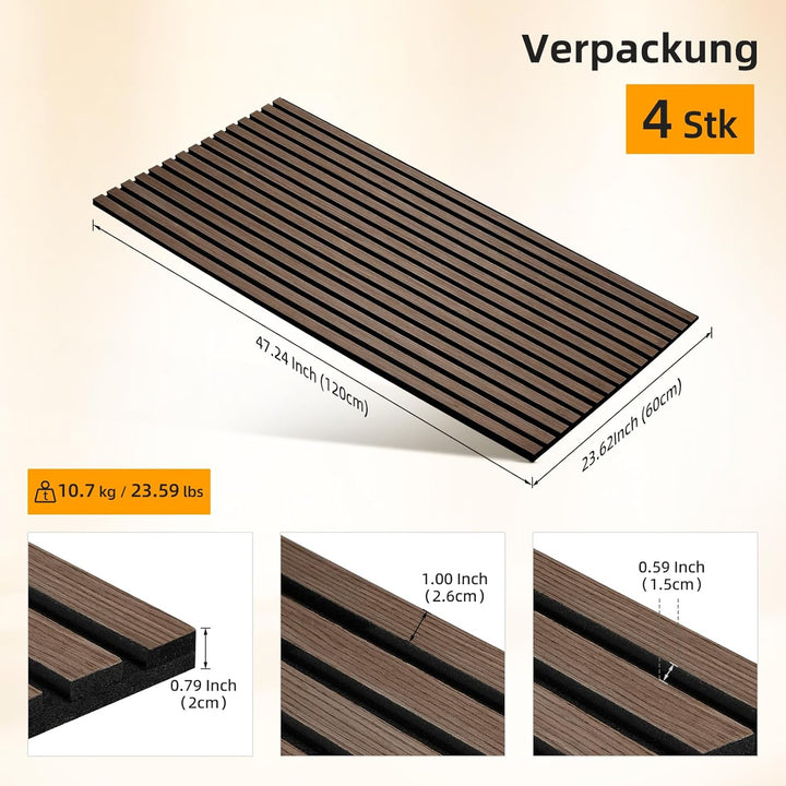 JAMELO Akustikpaneele Holz, 4 Stück 120 x 60cm - 2,88m² Wandpaneele Holz 120cm*60cm*2cm Dunkles Waln