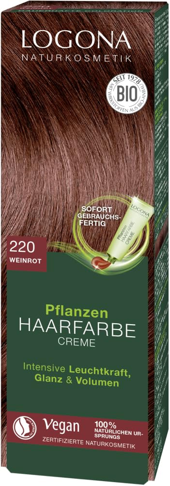 LOGONA Naturkosmetik Pflanzen-Haarfarbe Creme 220 Weinrot, Rote Natur Haarfarbe mit Henna, vegane Fa