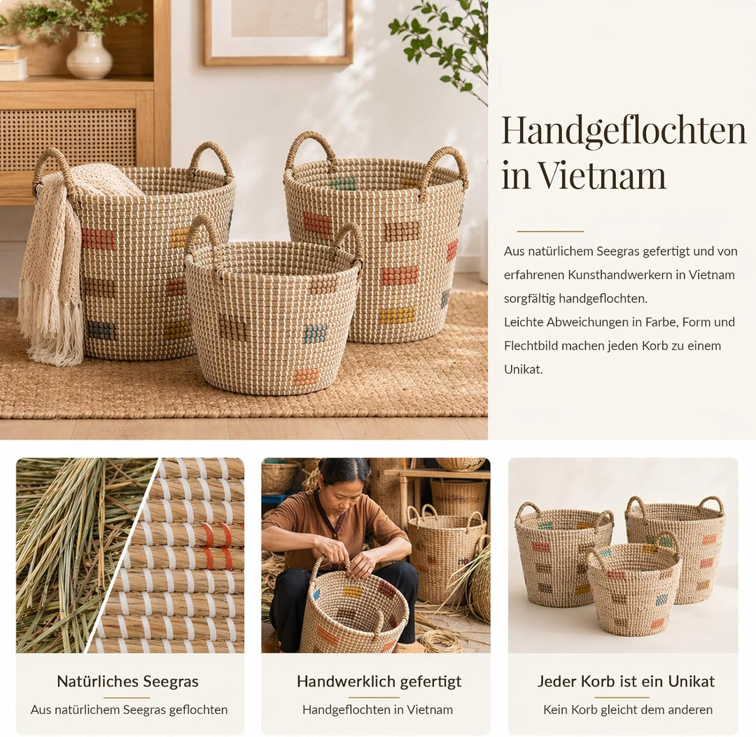 3er Set Aufbewahrungskorb Seegraskorb mit Griffen, Wäschekorb Geflochtener Korb, Handgeflochtener Sp